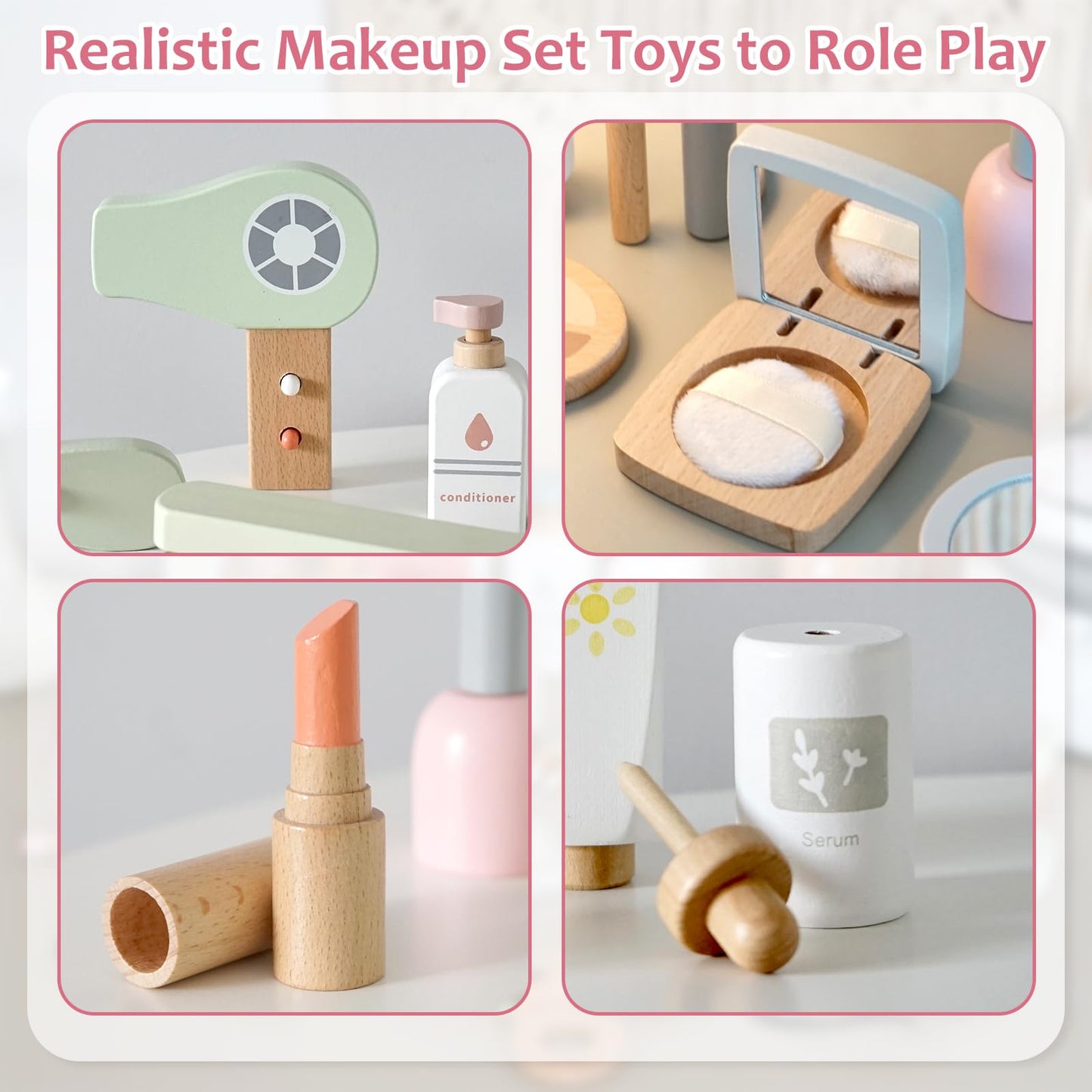 Smartwo 22-Pcs Wooden Makeup Toy Set for Toddlers – Pretend Play Beauty Kit with Realistic Accessories