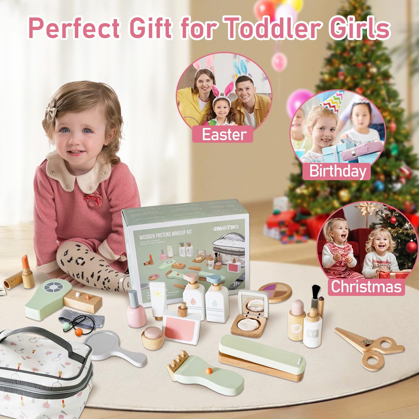 Smartwo 22-Pcs Wooden Makeup Toy Set for Toddlers – Pretend Play Beauty Kit with Realistic Accessories