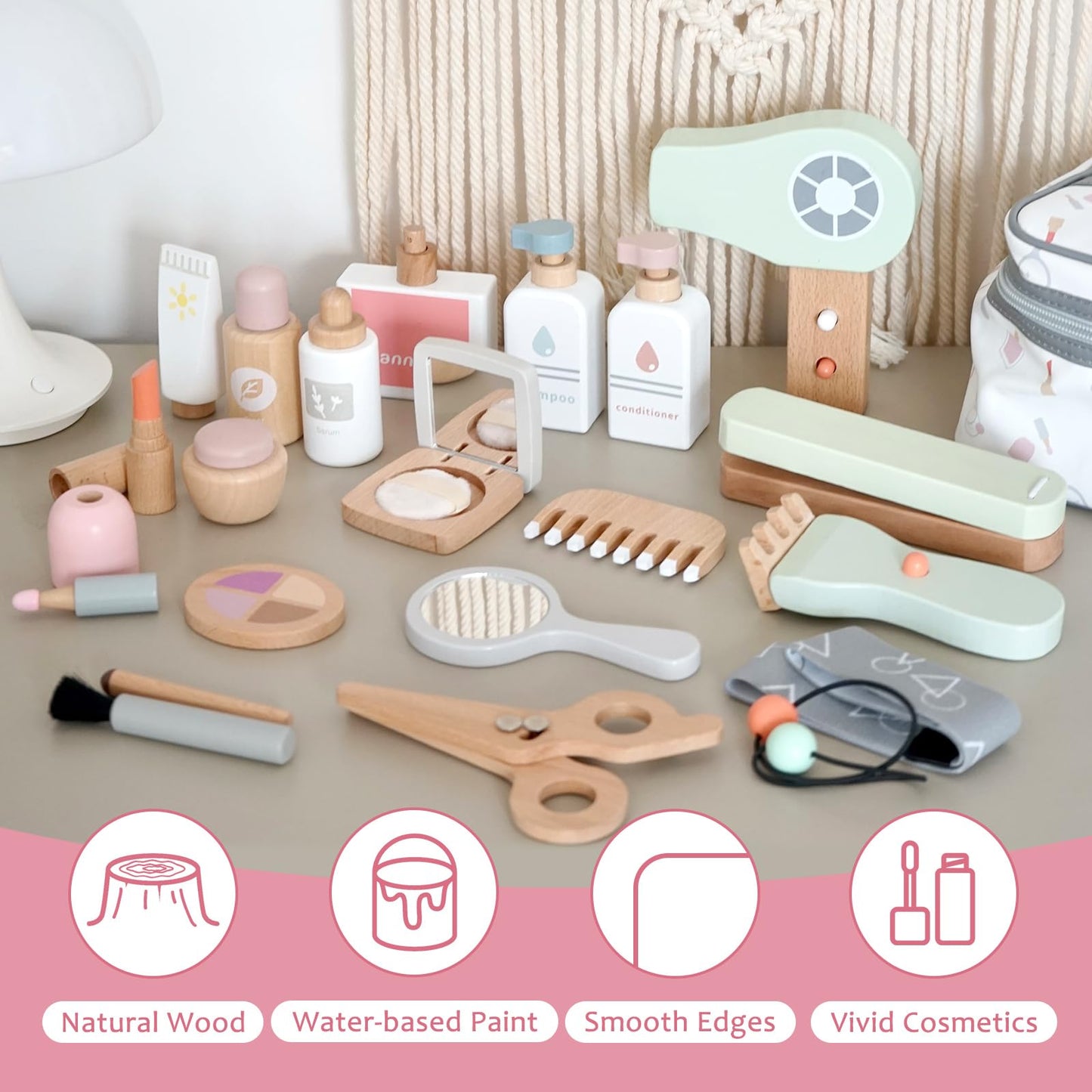 Smartwo 22-Pcs Wooden Makeup Toy Set for Toddlers – Pretend Play Beauty Kit with Realistic Accessories