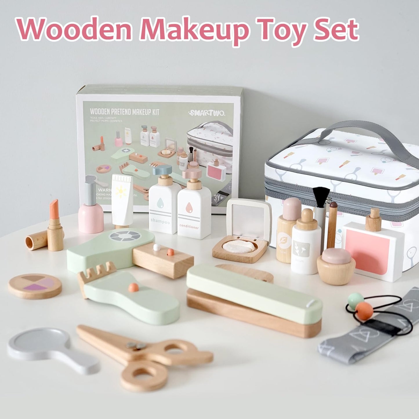 Smartwo 22-Pcs Wooden Makeup Toy Set for Toddlers – Pretend Play Beauty Kit with Realistic Accessories