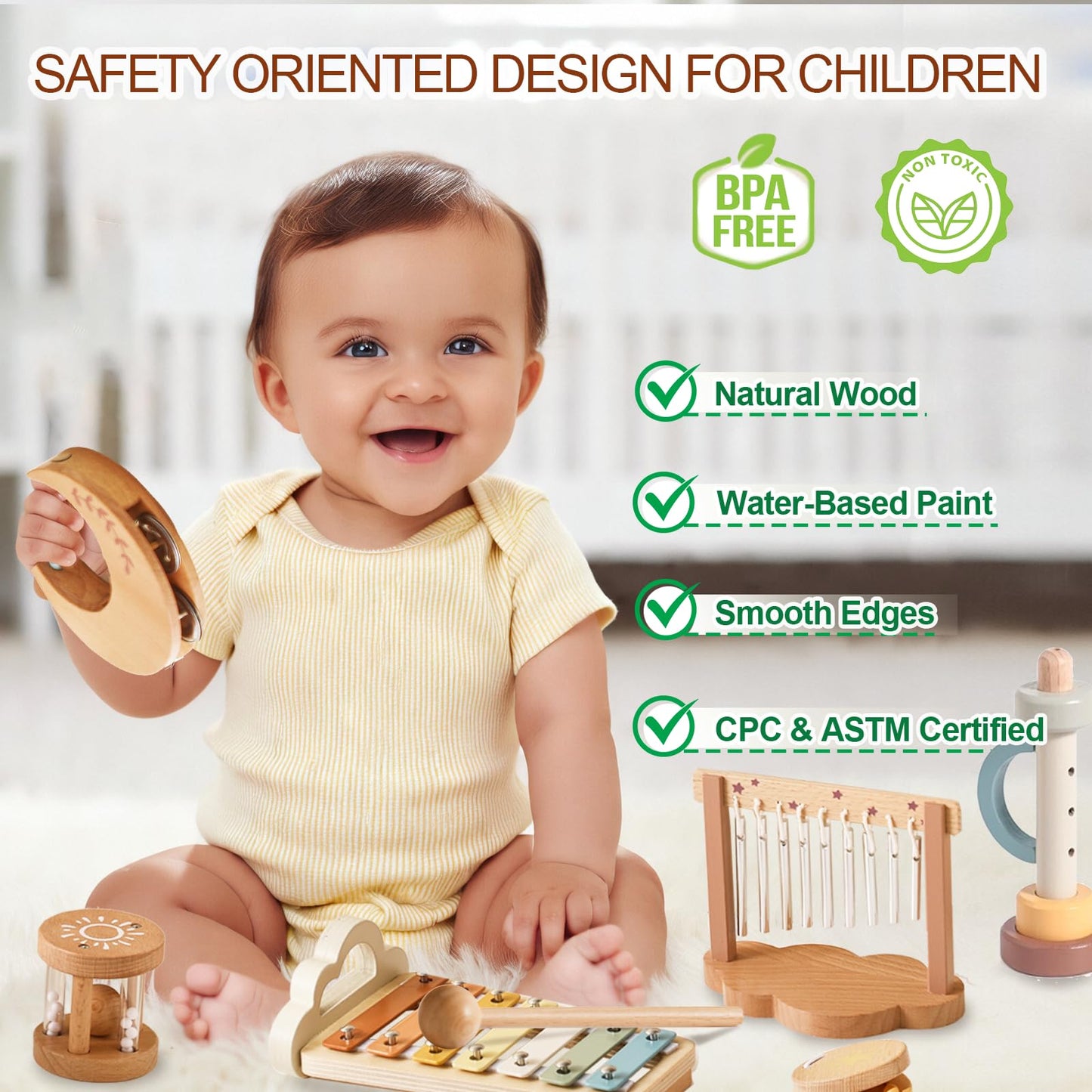 Smartwo Baby Montessori Musical Instruments – Wooden Xylophone & Percussion Toys for Toddlers 18+ Months
