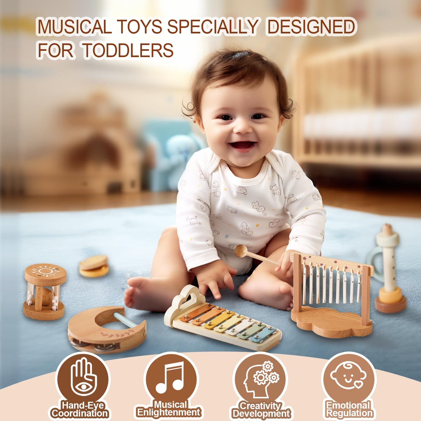Smartwo Baby Montessori Musical Instruments – Wooden Xylophone & Percussion Toys for Toddlers 18+ Months