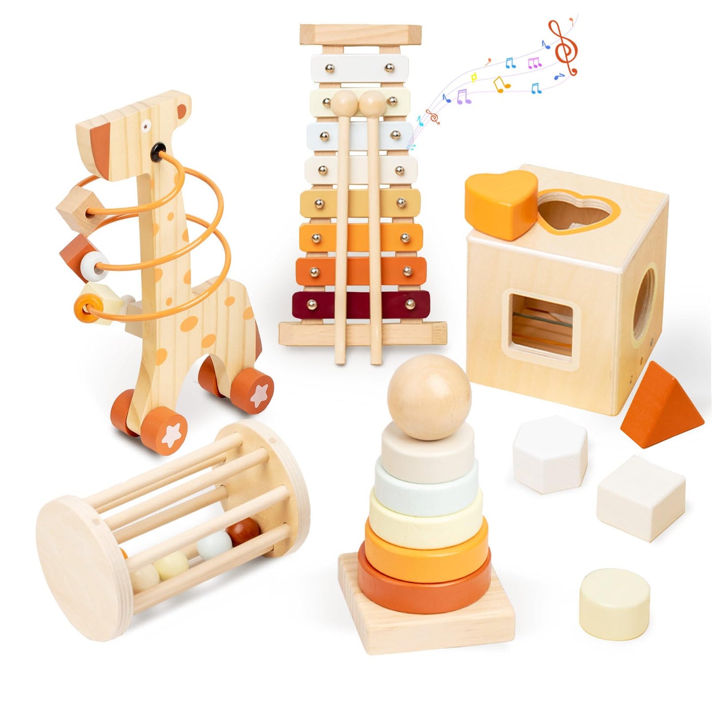 Smartwo Wooden Montessori Toys Set for Toddlers – Educational Bead Maze, Glockenspiel, Stacker & Rattle
