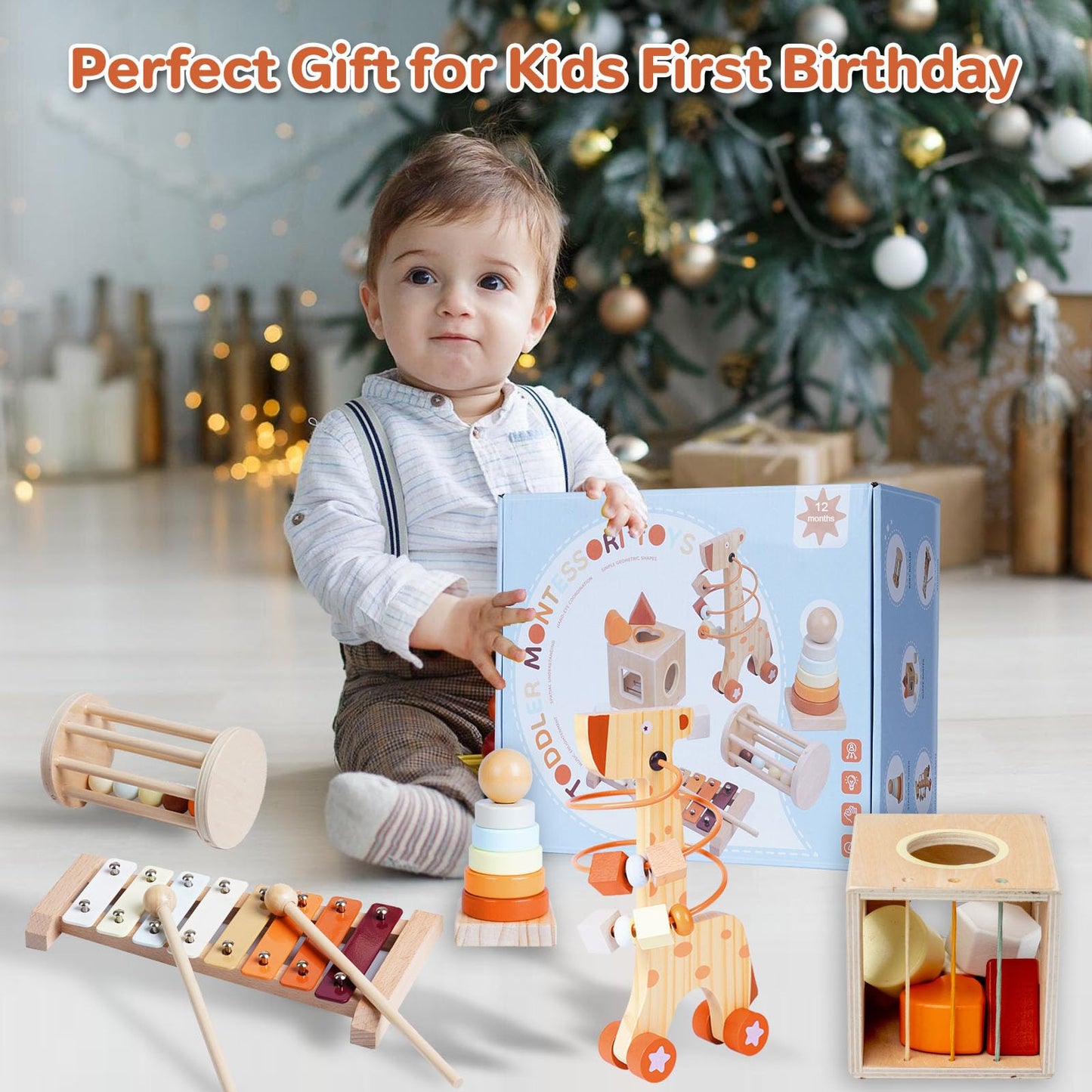 Smartwo Wooden Montessori Toys Set for Toddlers – Educational Bead Maze, Glockenspiel, Stacker & Rattle