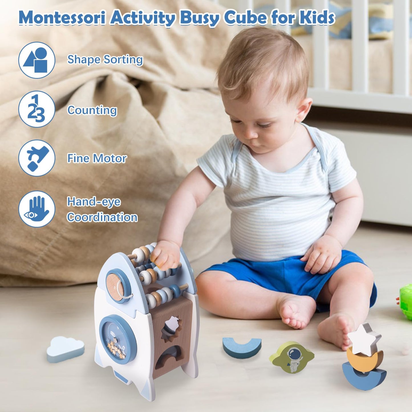 Smartwo Wooden Space Toy – Montessori 5-in-1 Rocket Activity Cube for Babies and Toddlers