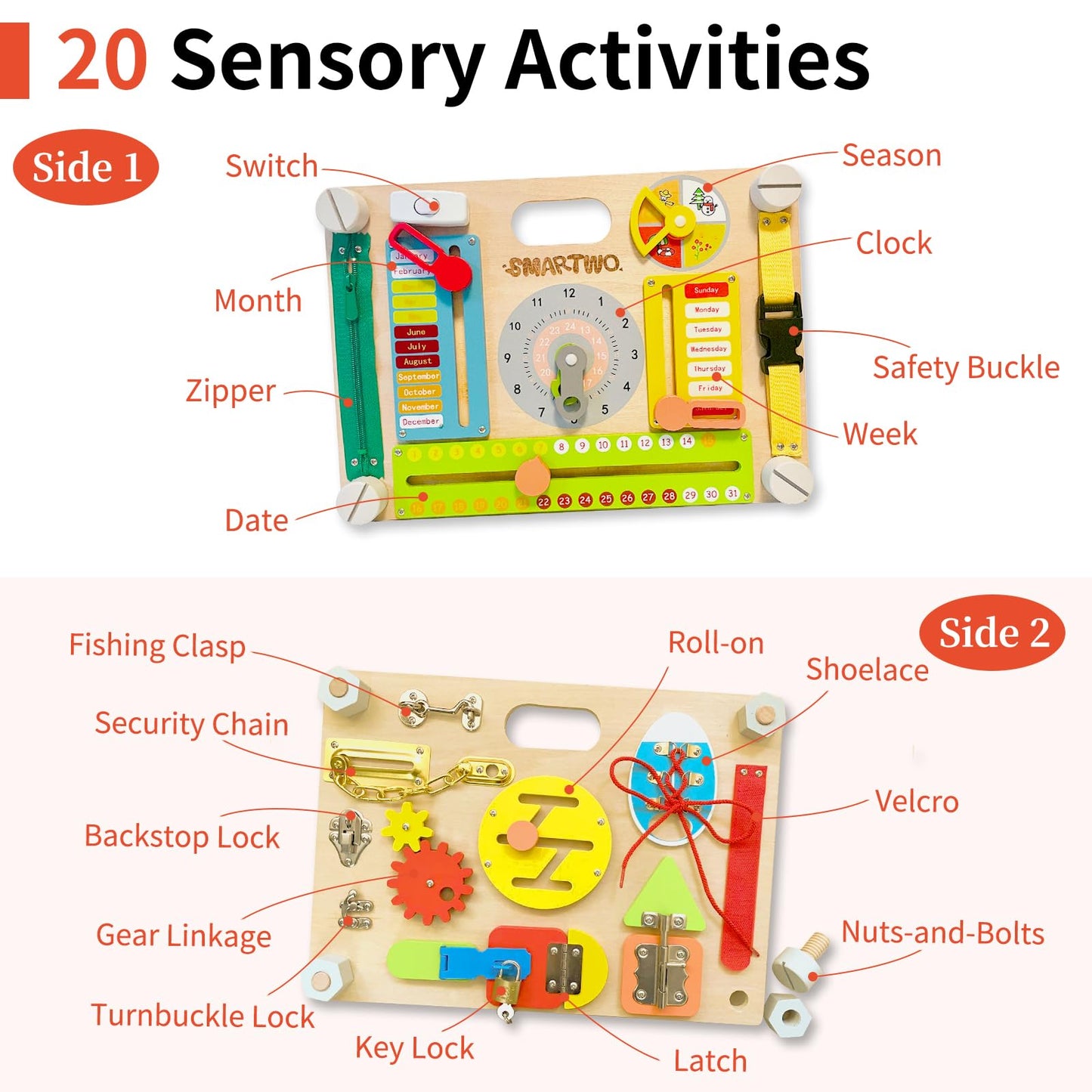 Smartwo Double-Sided Montessori Busy Board for Toddlers 3-5