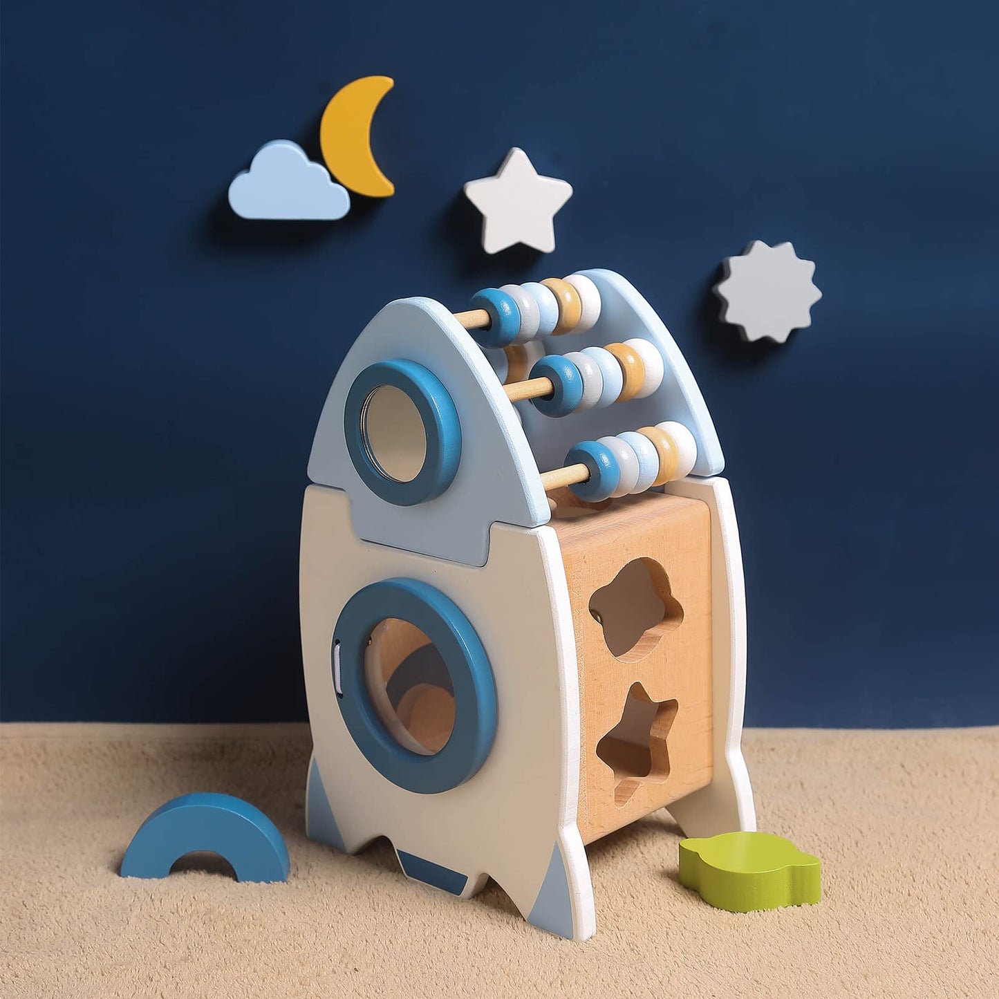 Smartwo Wooden Space Toy – Montessori 5-in-1 Rocket Activity Cube for Babies and Toddlers
