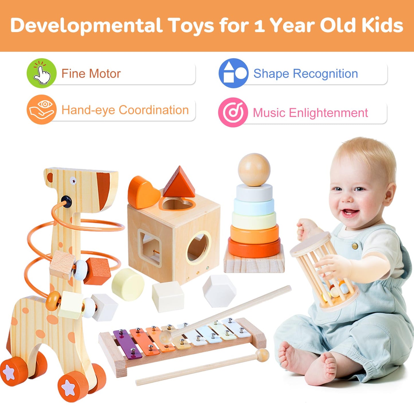 Smartwo Wooden Montessori Toys Set for Toddlers – Educational Bead Maze, Glockenspiel, Stacker & Rattle