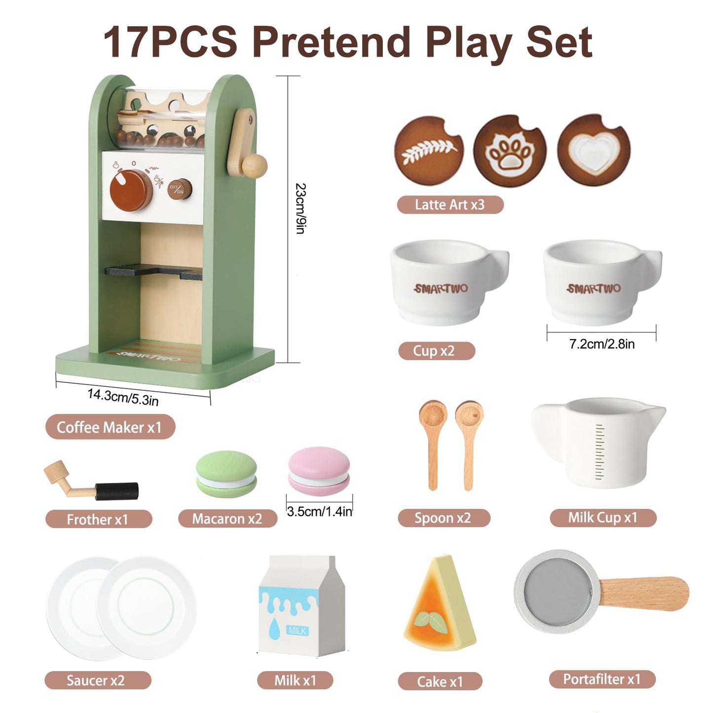 Smartwo Kids Wooden Coffee Maker Toy – 17-Piece Playset for Imaginative Pretend Coffee
