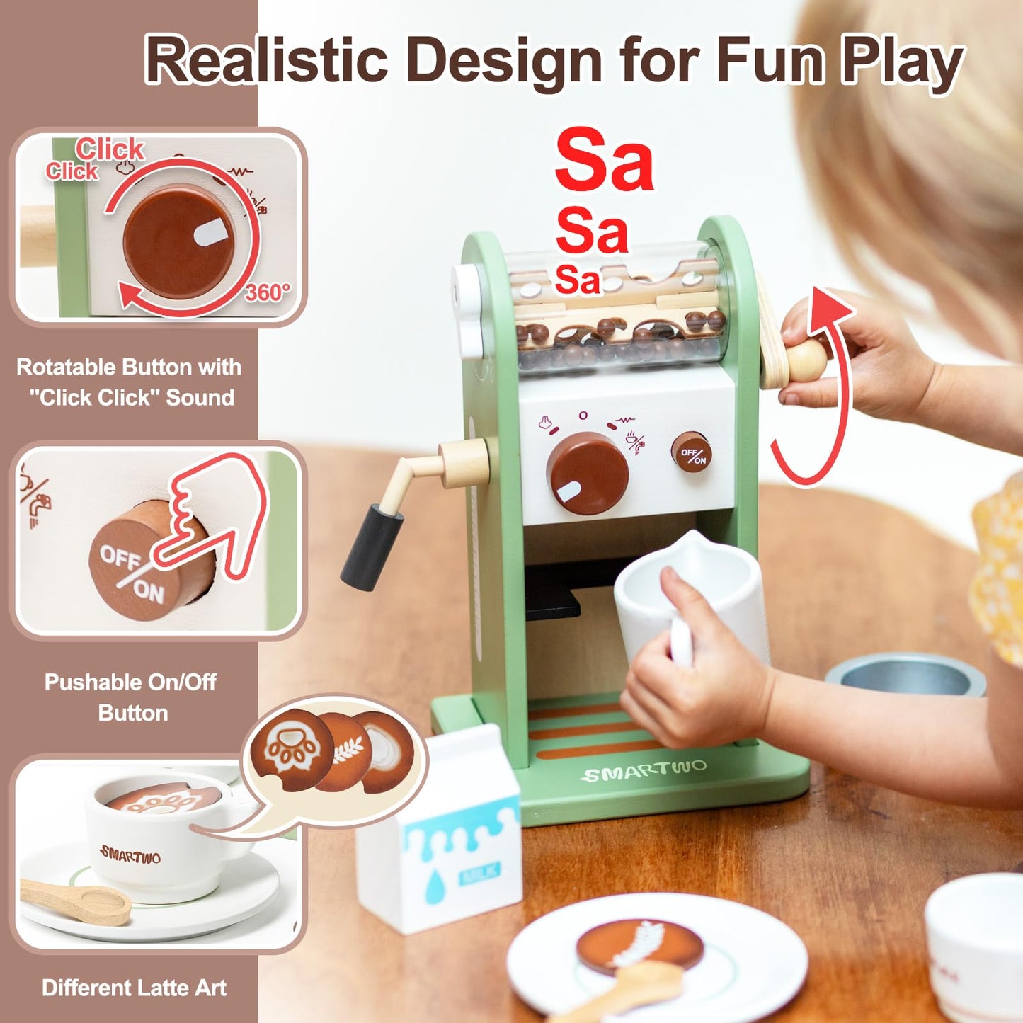 Smartwo Kids Wooden Coffee Maker Toy – 17-Piece Playset for Imaginative Pretend Coffee