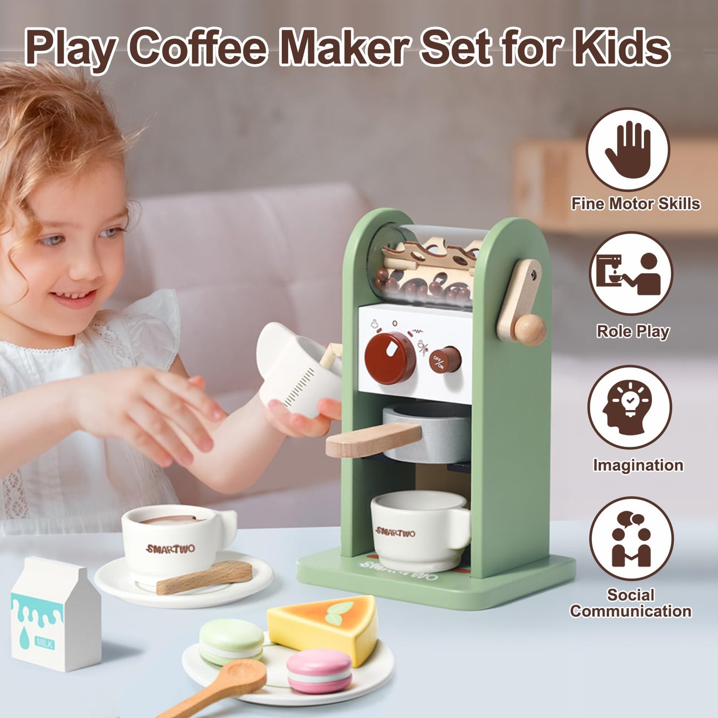 Smartwo Kids Wooden Coffee Maker Toy – 17-Piece Playset for Imaginative Pretend Coffee
