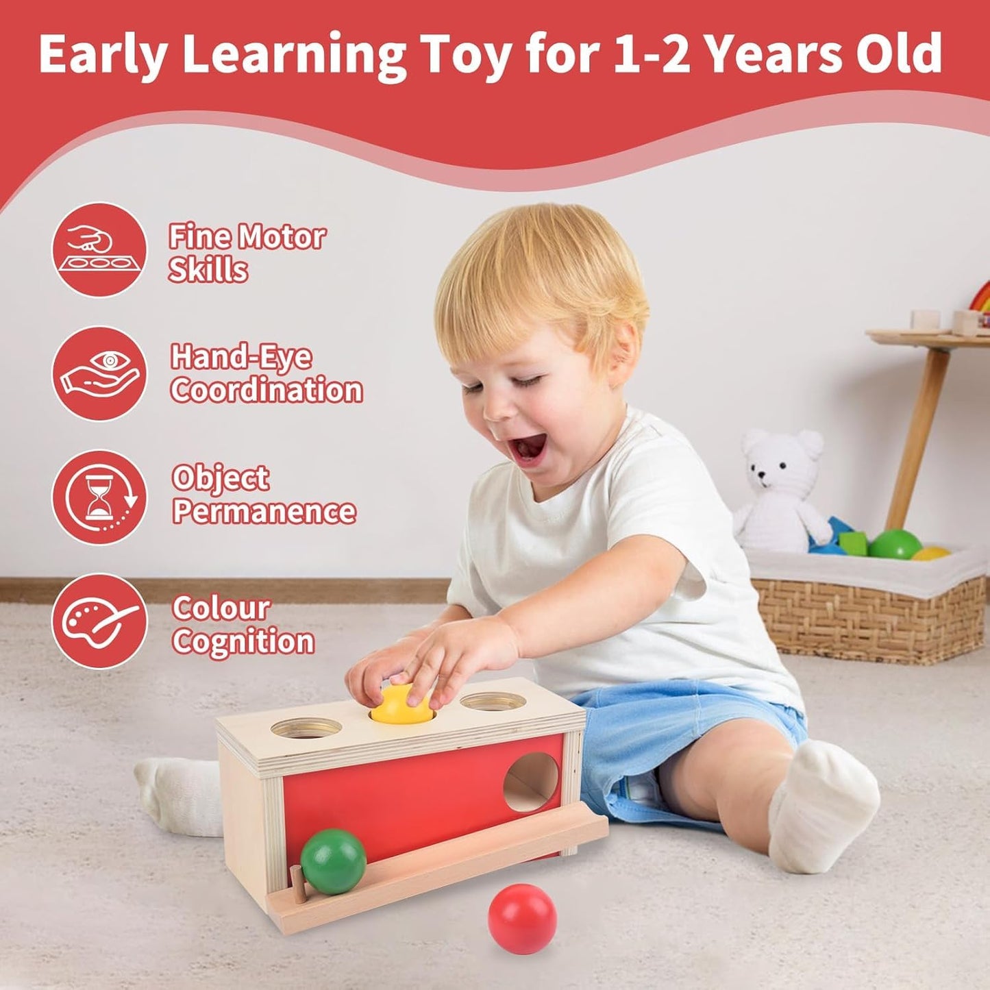 Smartwo Montessori Object Permanence Box – Wooden Ball Drop Toy