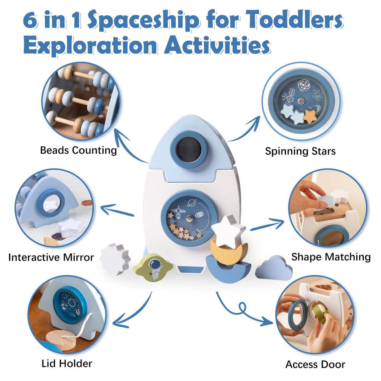 Smartwo Wooden Space Toy – Montessori 5-in-1 Rocket Activity Cube for Babies and Toddlers