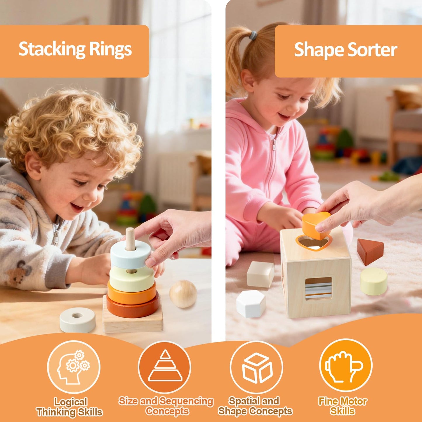 Smartwo Wooden Montessori Toys Set for Toddlers – Educational Bead Maze, Glockenspiel, Stacker & Rattle