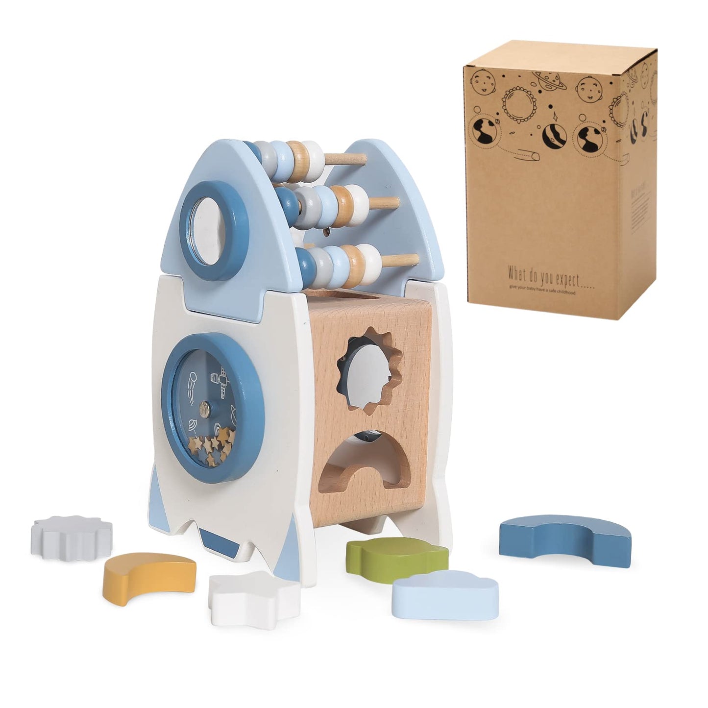 Smartwo Wooden Space Toy – Montessori 5-in-1 Rocket Activity Cube for Babies and Toddlers