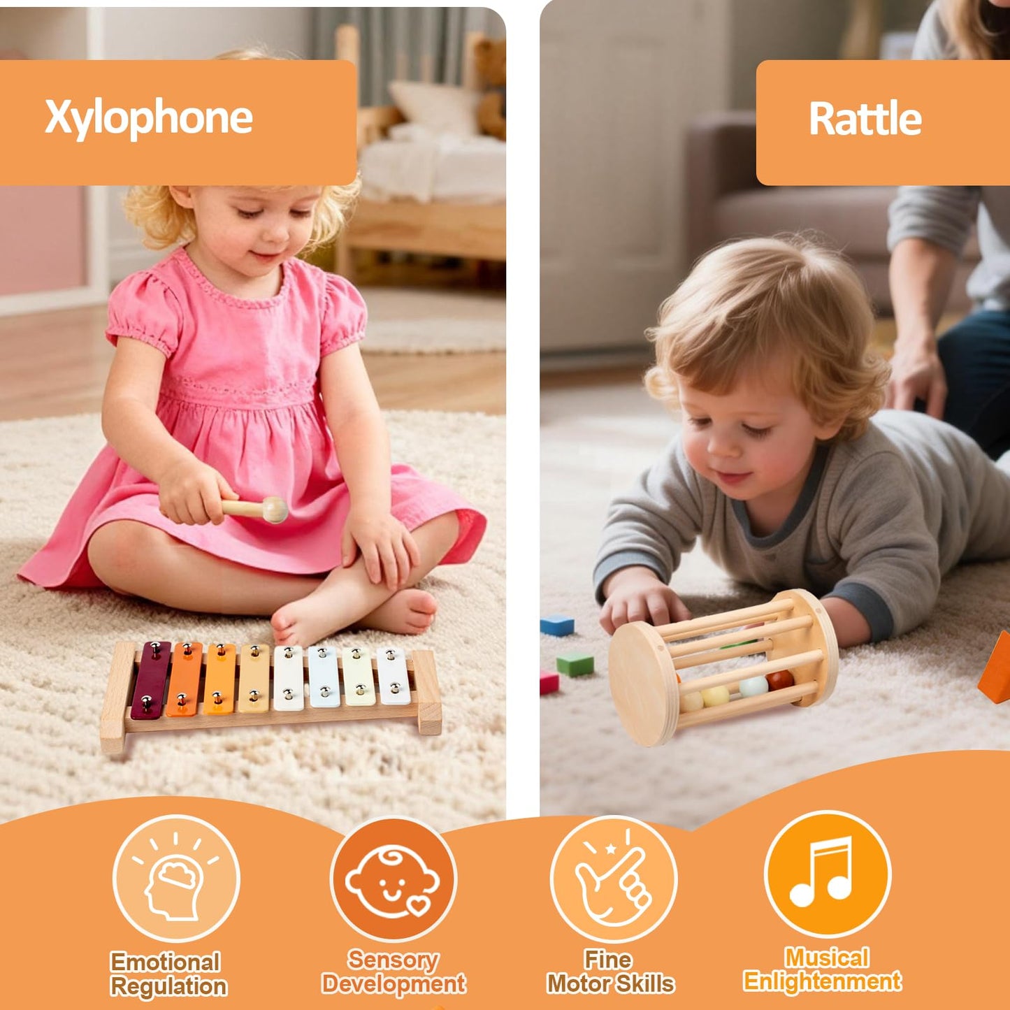 Smartwo Wooden Montessori Toys Set for Toddlers – Educational Bead Maze, Glockenspiel, Stacker & Rattle