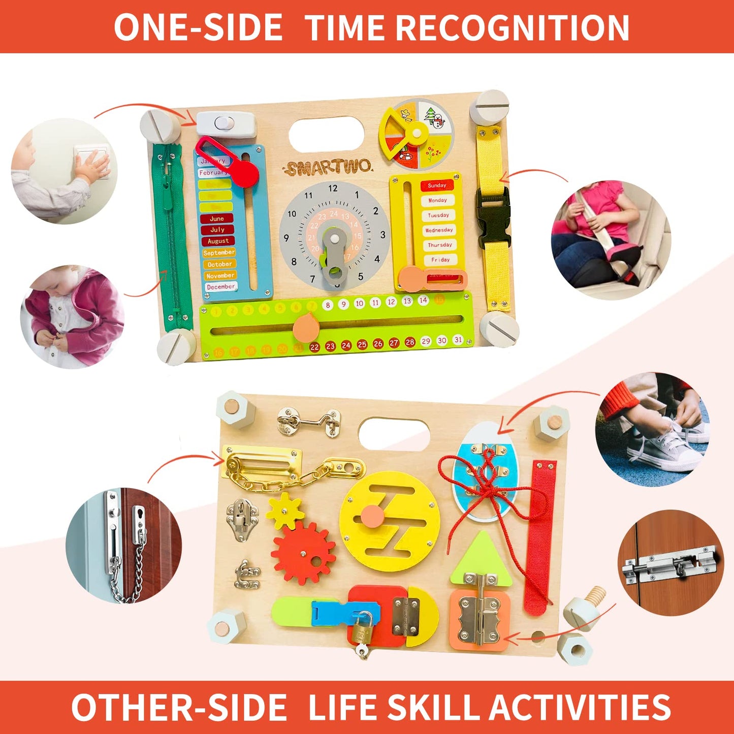 Smartwo Double-Sided Montessori Busy Board for Toddlers 3-5