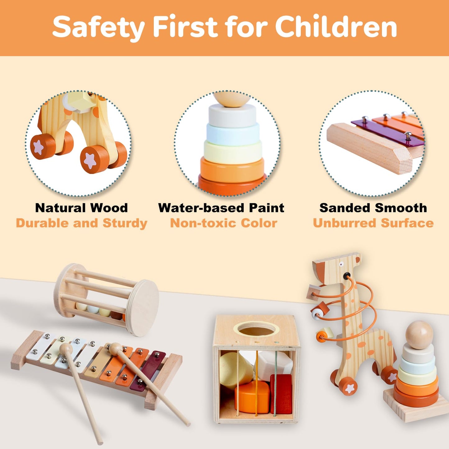 Smartwo Wooden Montessori Toys Set for Toddlers – Educational Bead Maze, Glockenspiel, Stacker & Rattle