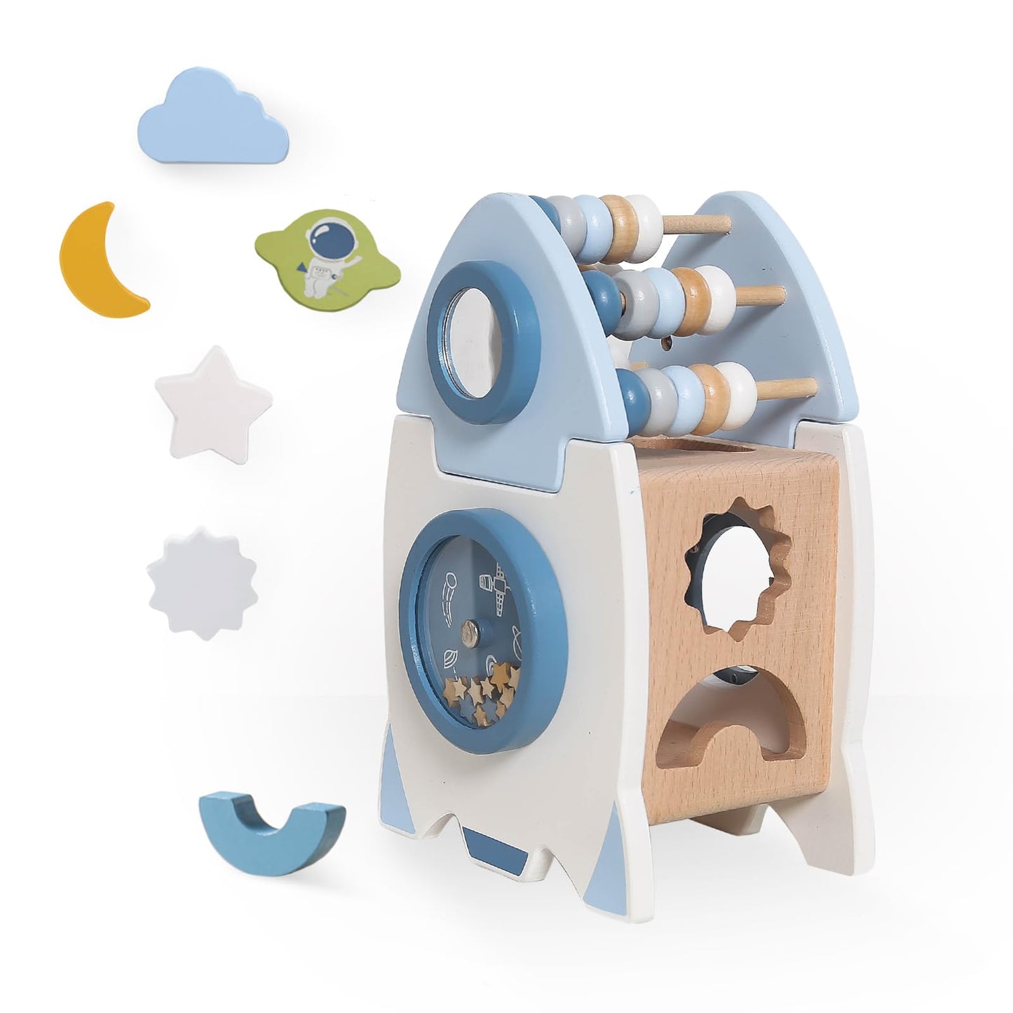 Smartwo Wooden Space Toy – Montessori 5-in-1 Rocket Activity Cube for Babies and Toddlers