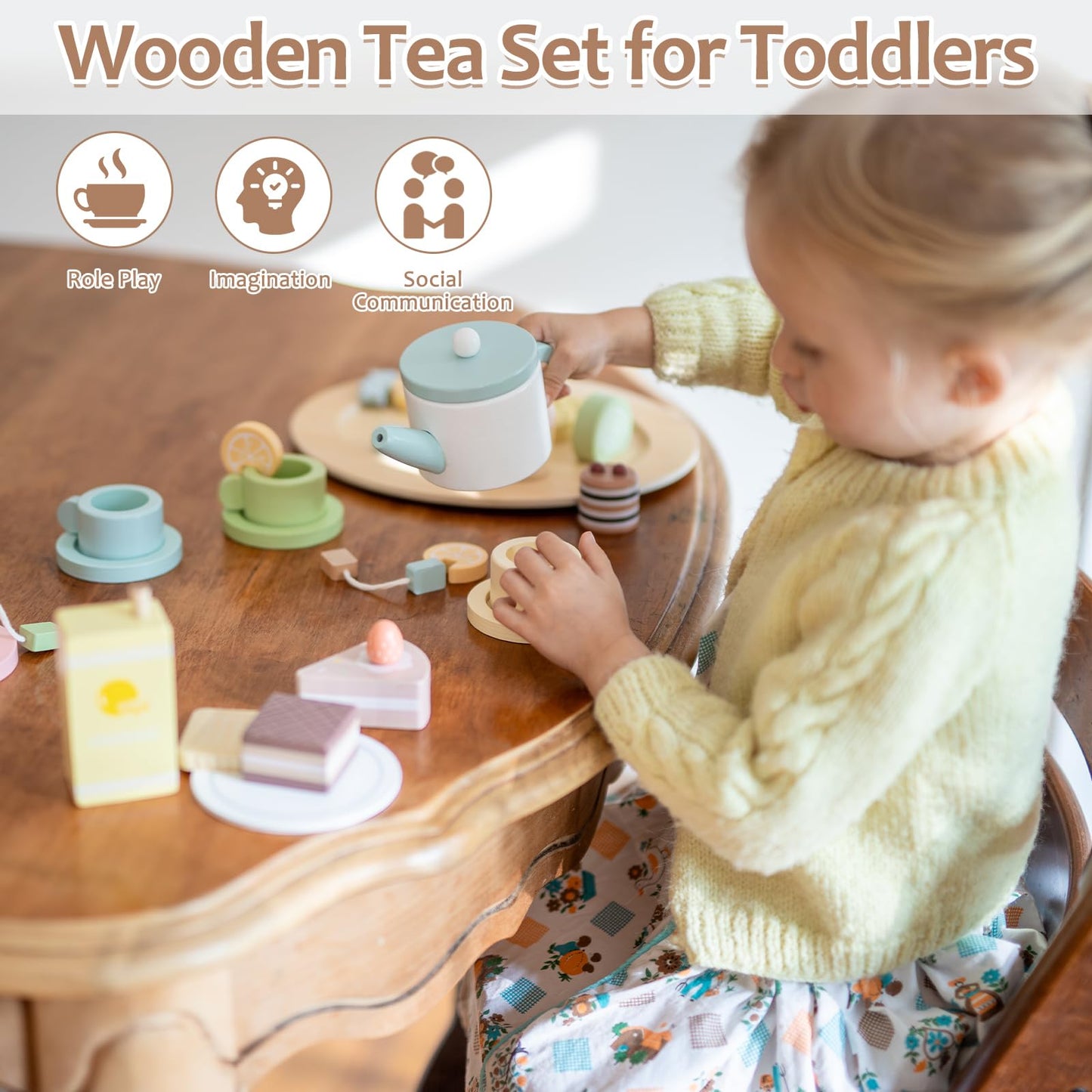 Smartwo Wooden Tea Party Set for Toddlers — 34-Piece Pretend Play Tea Set for Ages 3-5