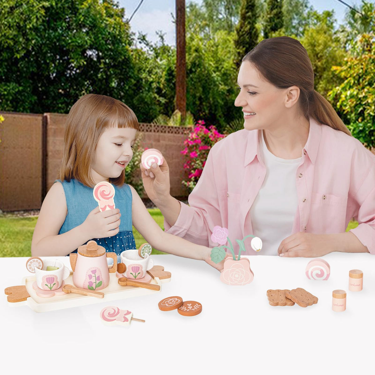 Smartwo Wooden Tea Set for Little Girls — 27-Piece Pretend Play Tea Party Toy (Ages 3-5)