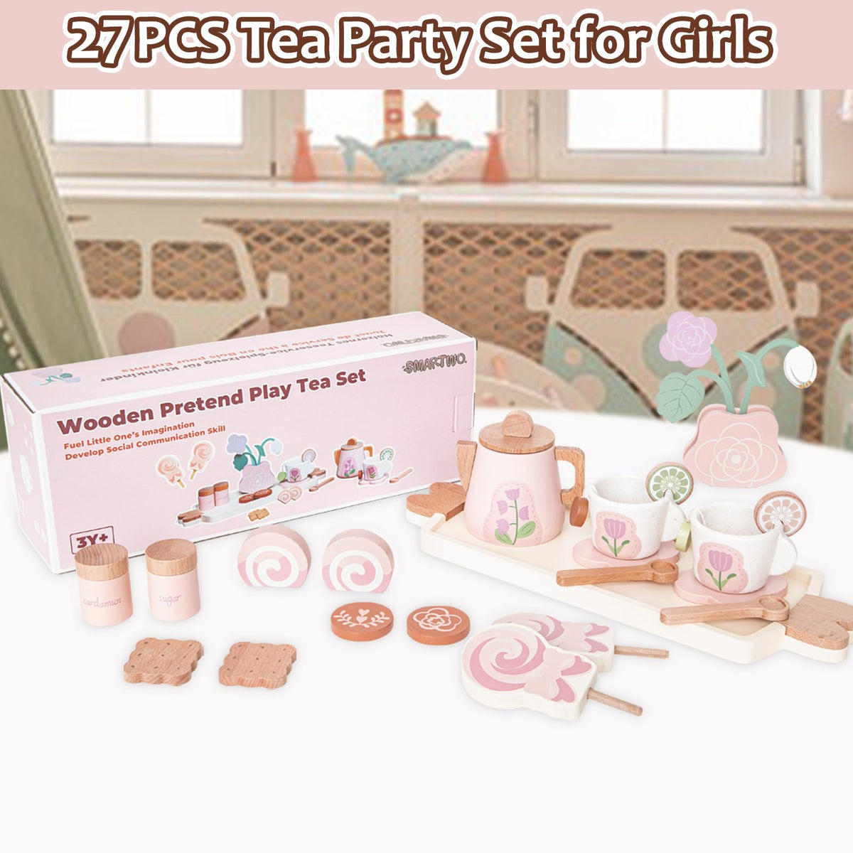 Smartwo Wooden Tea Set for Little Girls — 27-Piece Pretend Play Tea Party Toy (Ages 3-5)