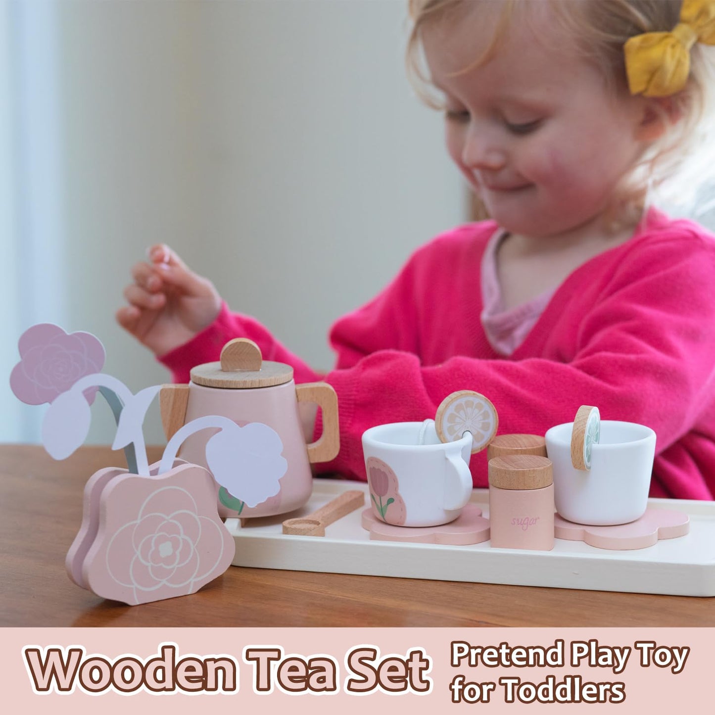 Smartwo Wooden Tea Set for Little Girls — 27-Piece Pretend Play Tea Party Toy (Ages 3-5)