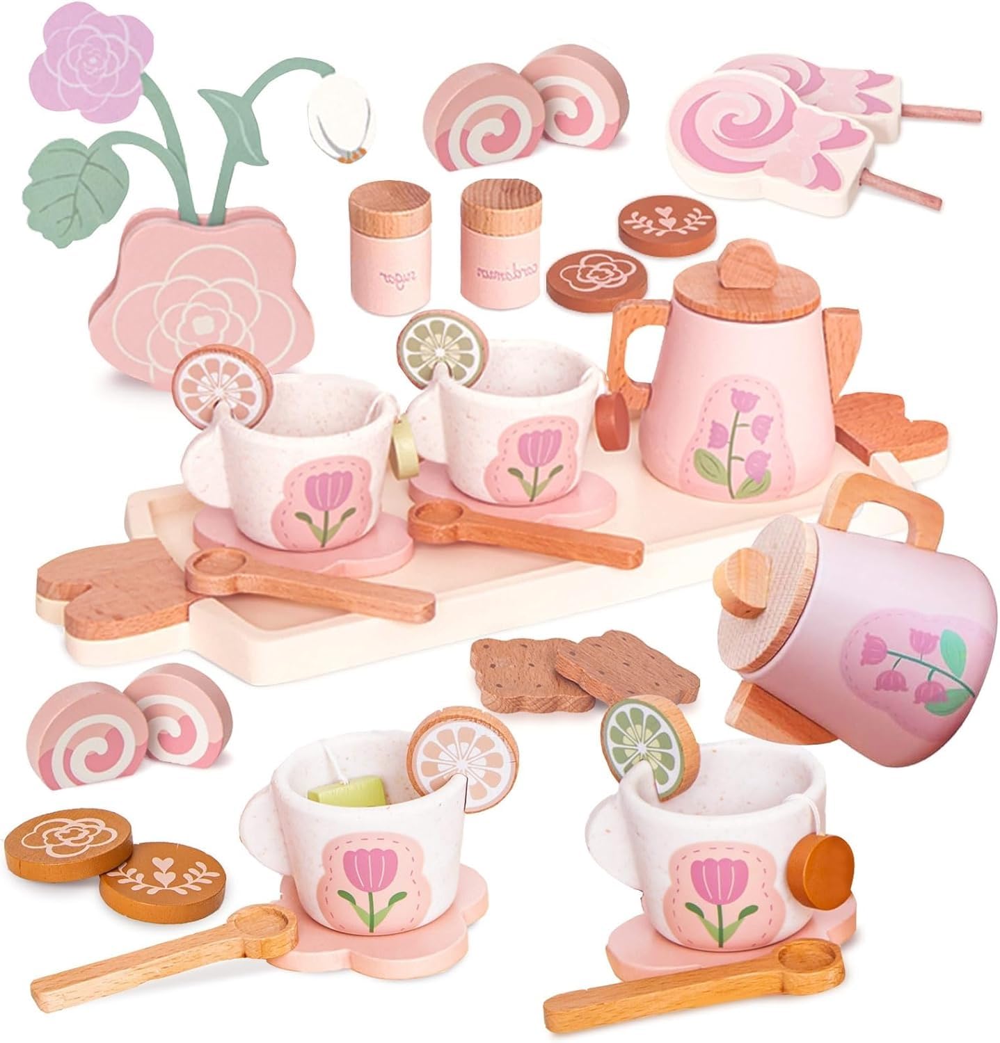 Smartwo Wooden Tea Set for Little Girls — 27-Piece Pretend Play Tea Party Toy (Ages 3-5)
