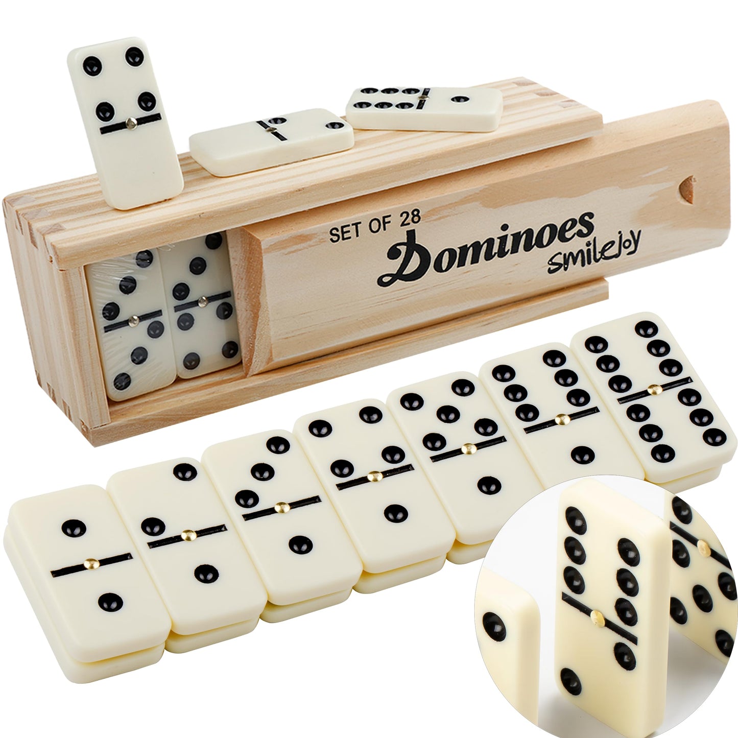 Smilejoy Dominoes Set for Adults - Double 6, 28 Pieces, Wood Case