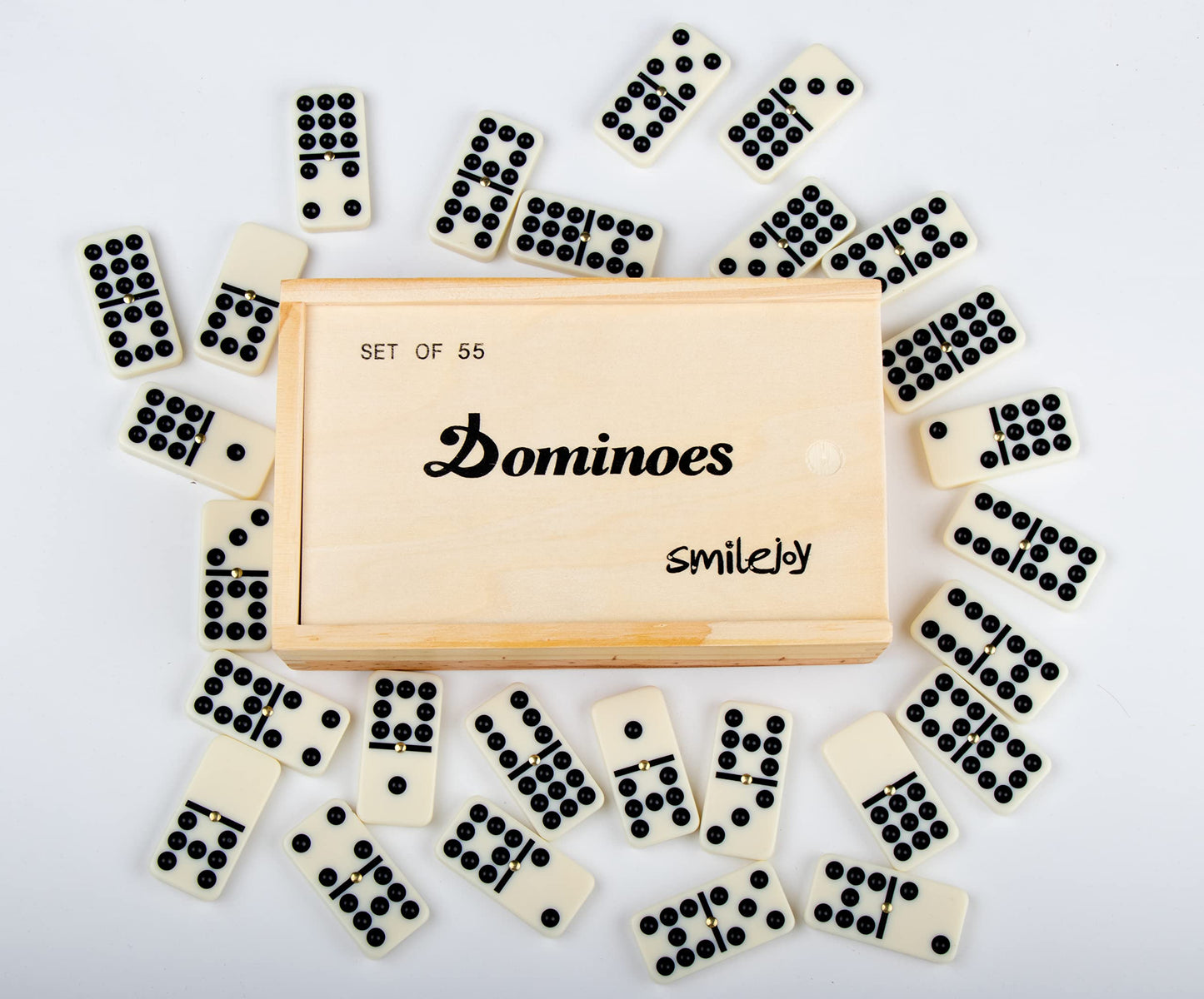 Smilejoy Dominoes Set - Double Nine 55-Piece Dominoes in Natural Wood Case