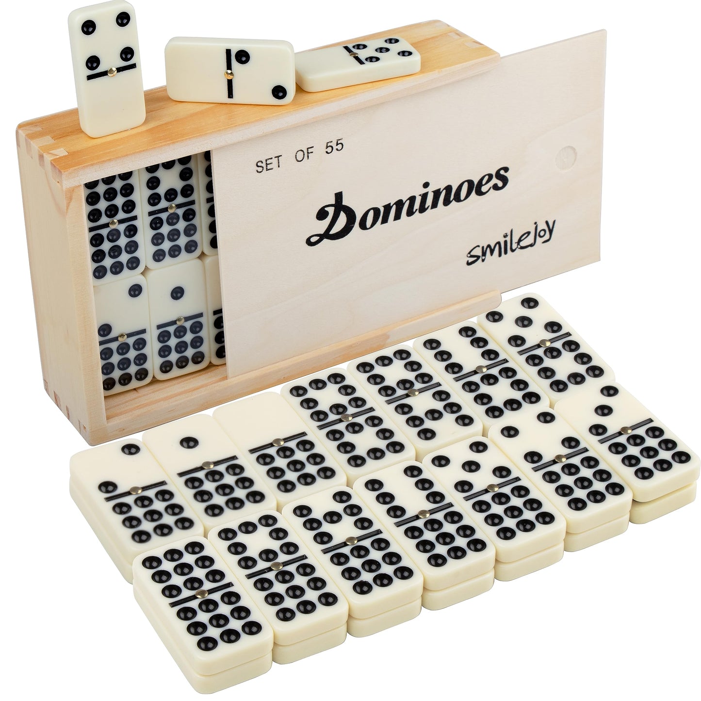 Smilejoy Dominoes Set - Double Nine 55-Piece Dominoes in Natural Wood Case