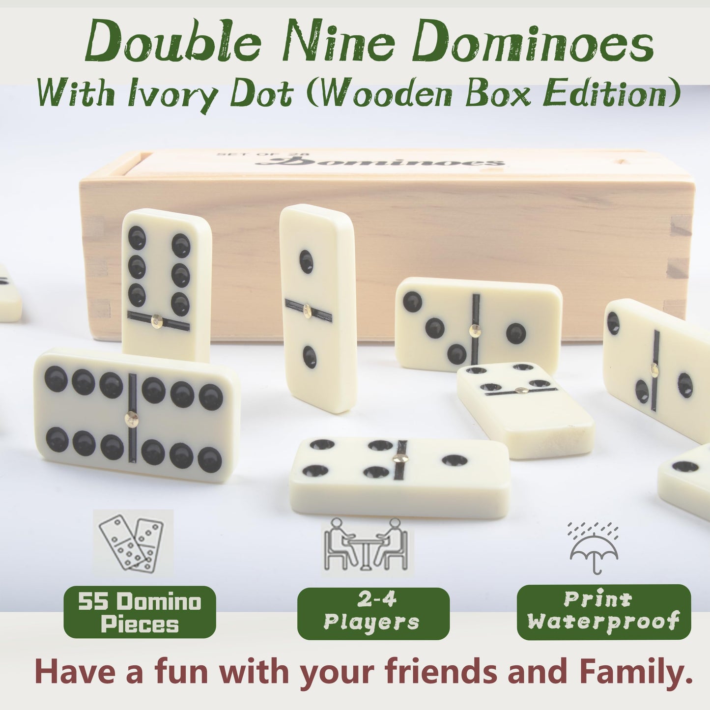 Smilejoy Dominoes Set - Double Nine 55-Piece Dominoes in Natural Wood Case
