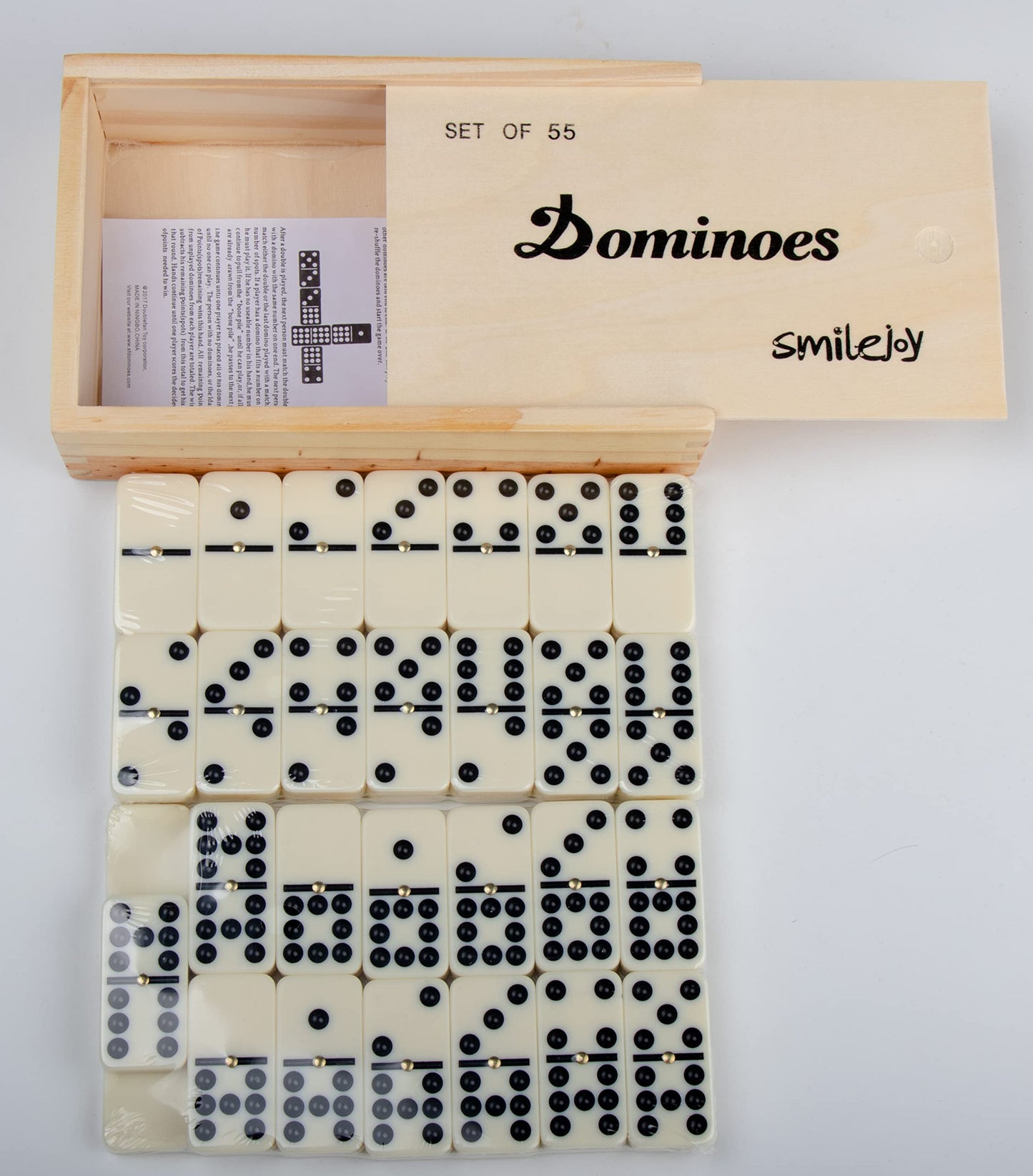 Smilejoy Dominoes Set - Double Nine 55-Piece Dominoes in Natural Wood Case