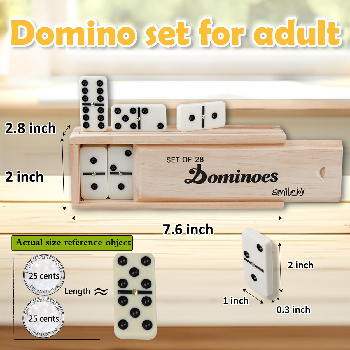 Smilejoy Dominoes Set for Adults - Double 6, 28 Pieces, Wood Case