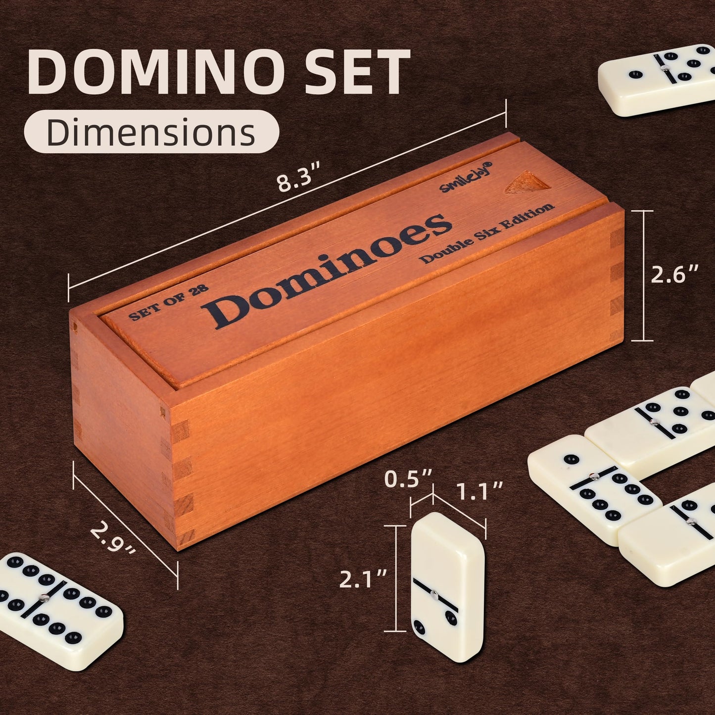 Smilejoy Dominoes Set for Adults – Jumbo Double Six, 28 Tiles in Deluxe Wood Box