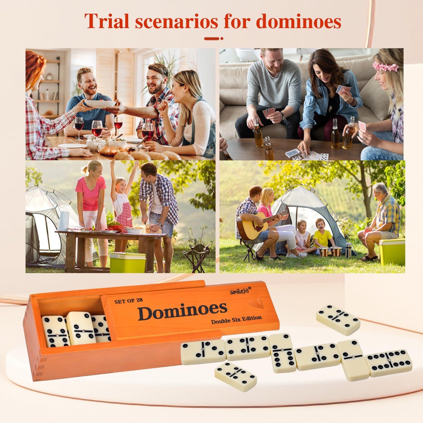 Smilejoy Dominoes Set for Adults – Jumbo Double Six, 28 Tiles in Deluxe Wood Box