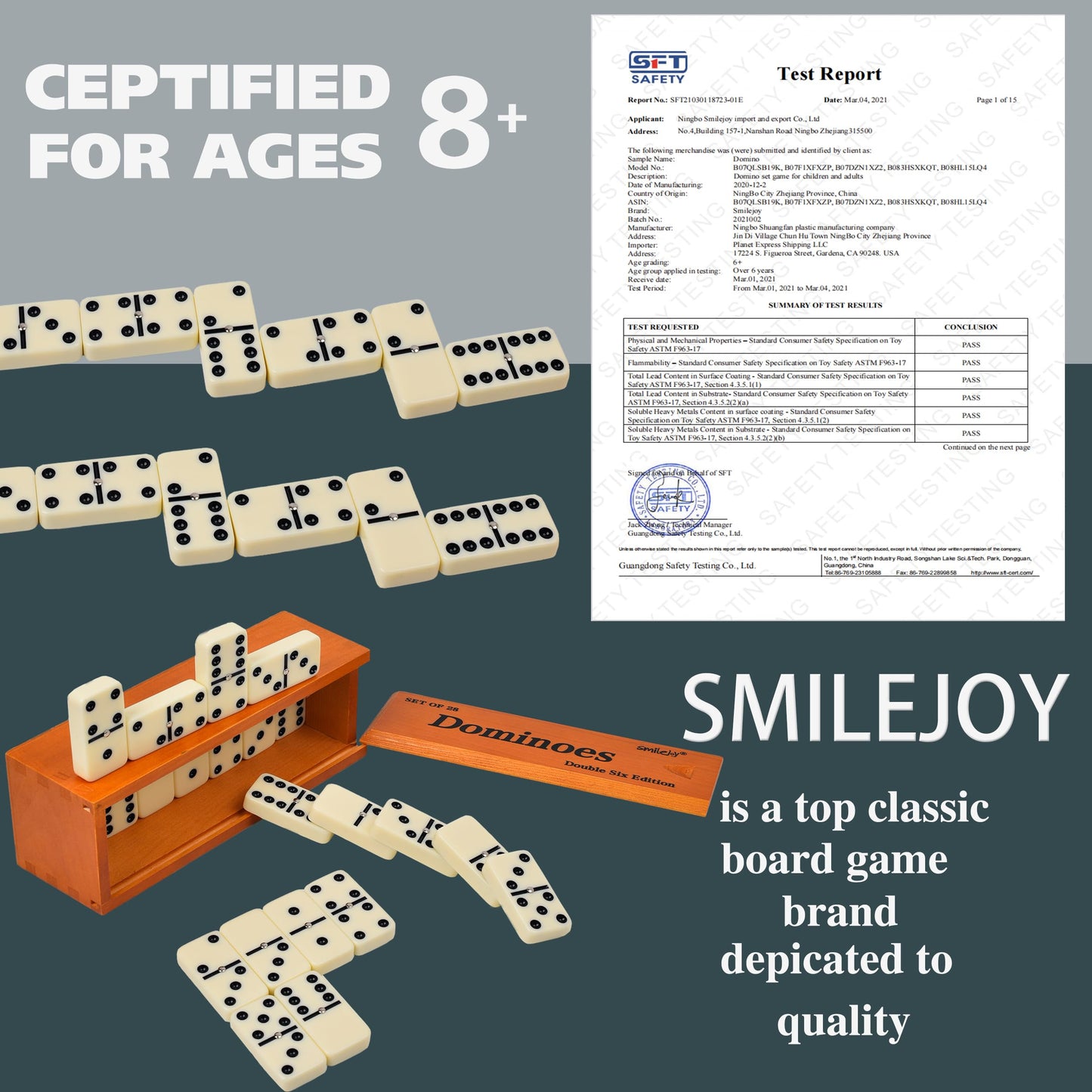 Smilejoy Dominoes Set for Adults – Jumbo Double Six, 28 Tiles in Deluxe Wood Box