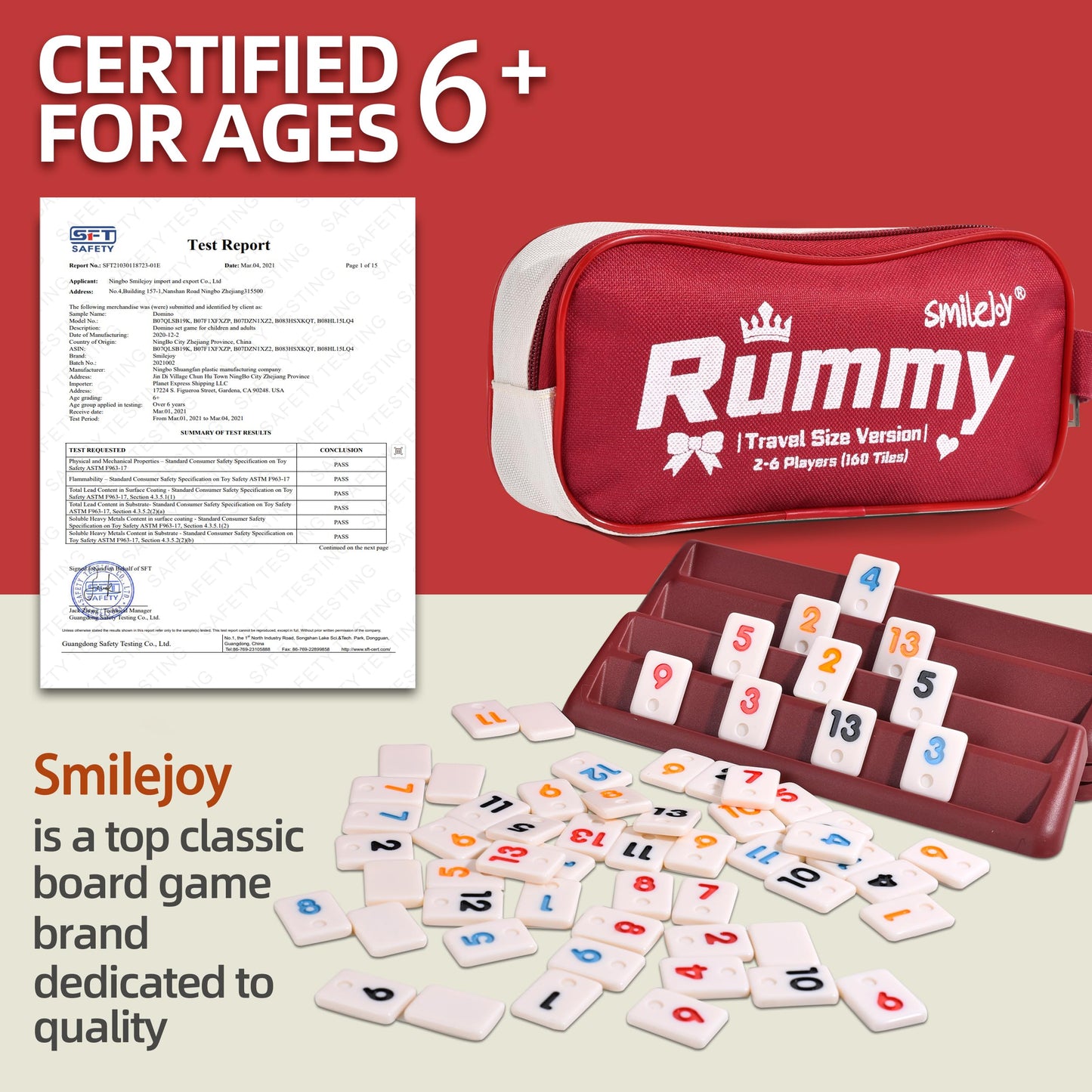 Smilejoy Mini Rummy Cube Six Player Edition – Travel Rummy Game Set (160 Tiles, 6 Racks, Dice)