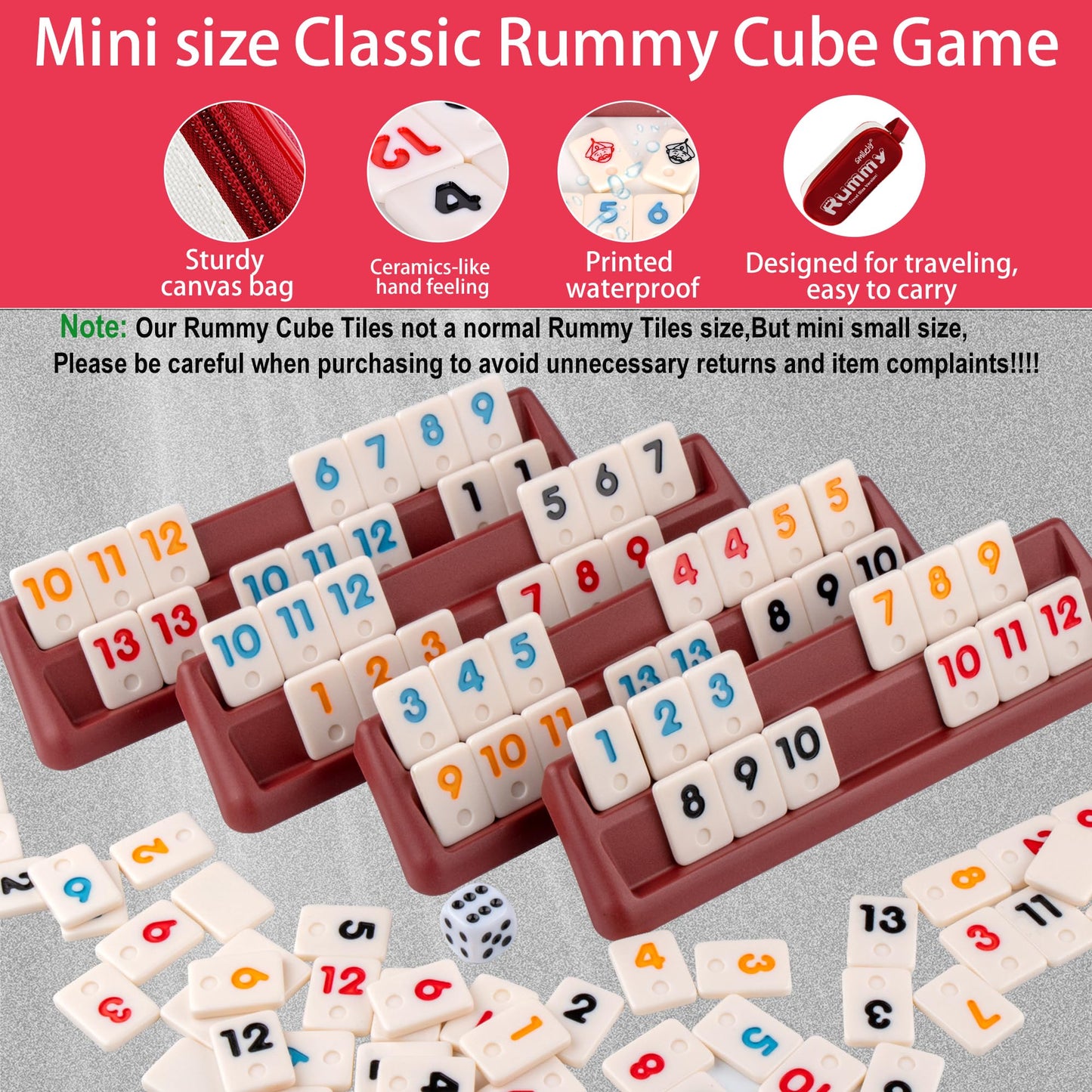 Smilejoy Mini Rummy Cube 4 Players Edition — Travel Rummy Game Set | 106 Tiles, 4 Racks, Dice, Canvas Bag