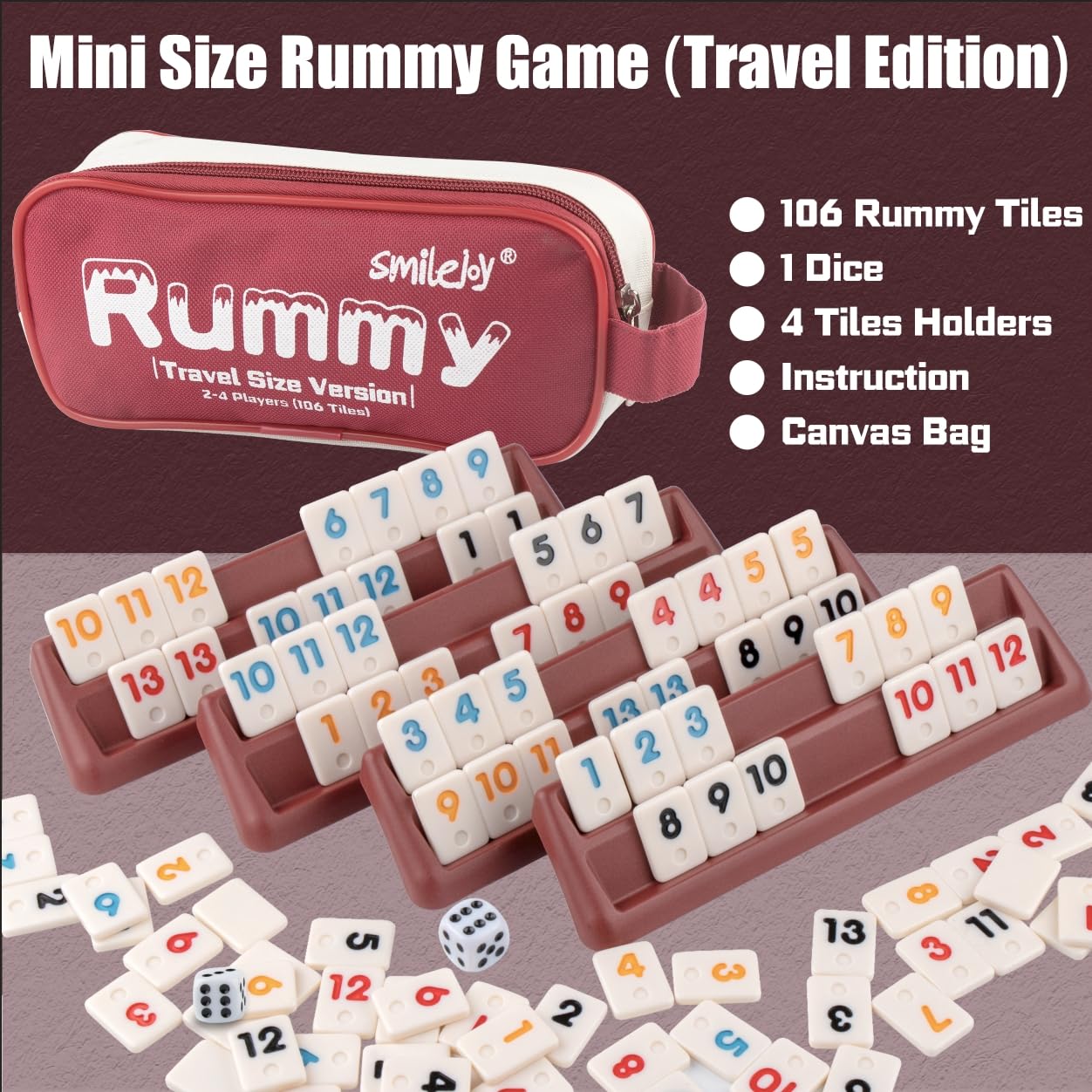 Smilejoy Mini Rummy Cube 4 Players Edition — Travel Rummy Game Set | 106 Tiles, 4 Racks, Dice, Canvas Bag