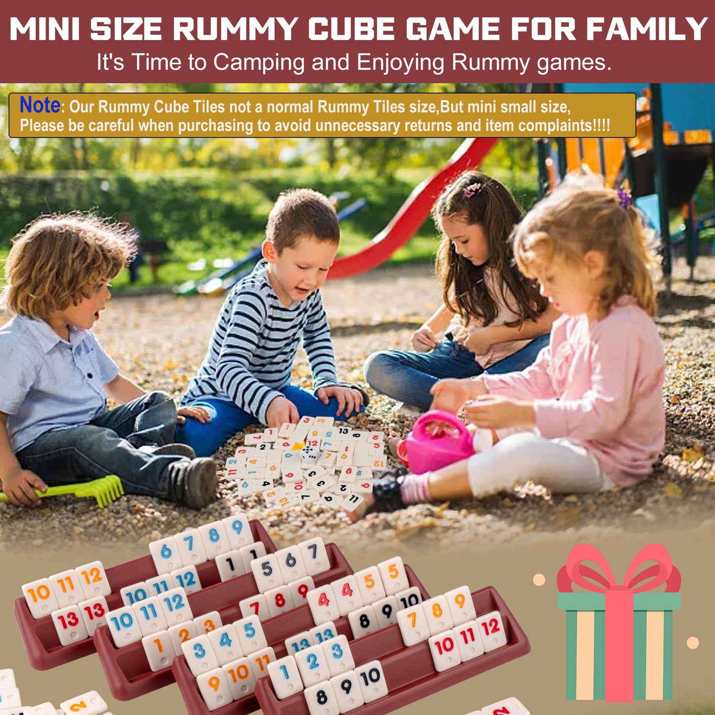 Smilejoy Mini Rummy Cube 4 Players Edition — Travel Rummy Game Set | 106 Tiles, 4 Racks, Dice, Canvas Bag