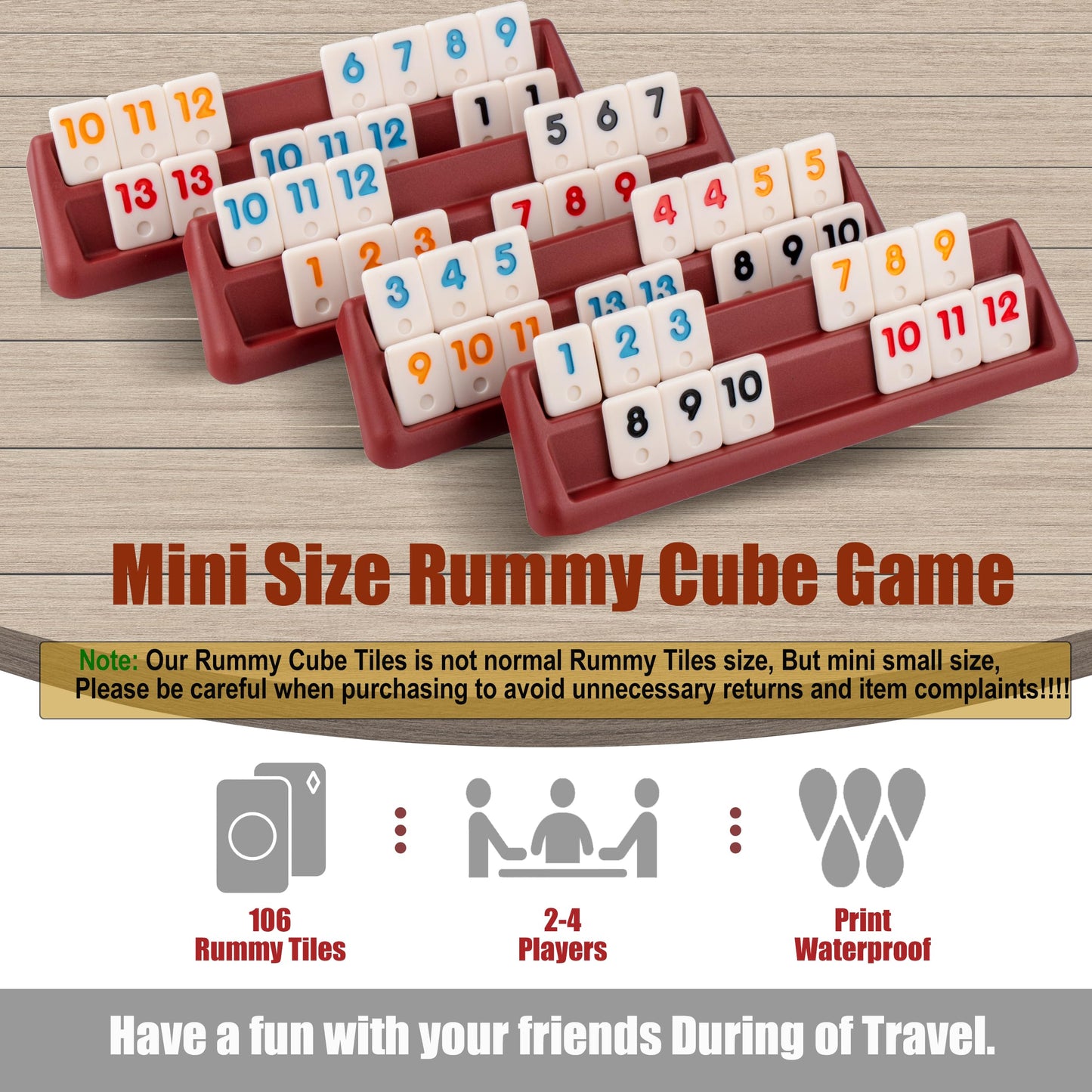 Smilejoy Mini Rummy Cube 4 Players Edition — Travel Rummy Game Set | 106 Tiles, 4 Racks, Dice, Canvas Bag