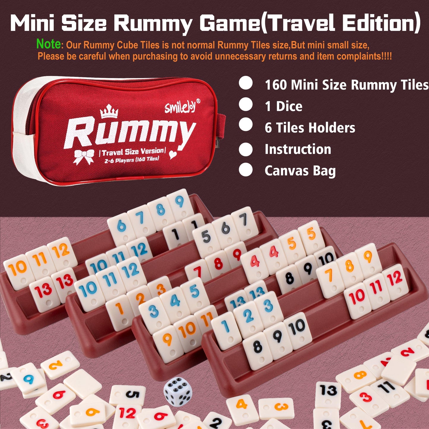 Smilejoy Mini Rummy Cube Six Player Edition – Travel Rummy Game Set (160 Tiles, 6 Racks, Dice)