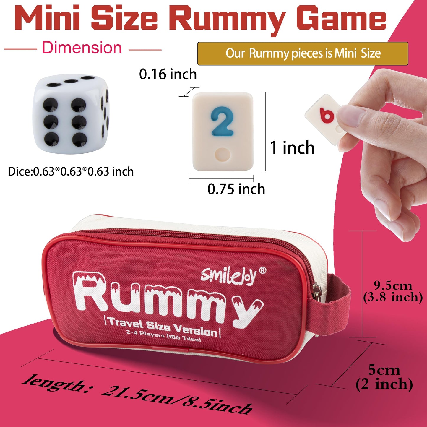 Smilejoy Mini Rummy Cube 4 Players Edition — Travel Rummy Game Set | 106 Tiles, 4 Racks, Dice, Canvas Bag