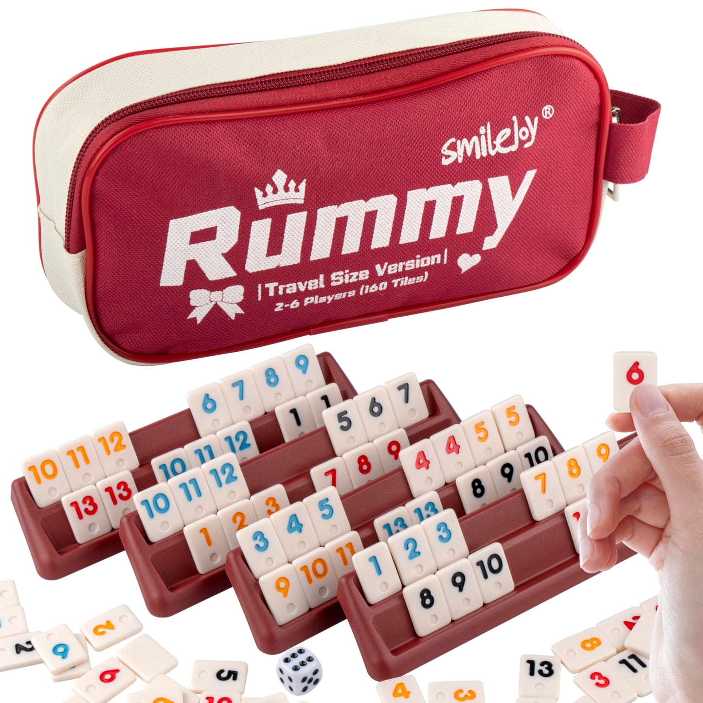 Smilejoy Mini Rummy Cube Six Player Edition – Travel Rummy Game Set (160 Tiles, 6 Racks, Dice)