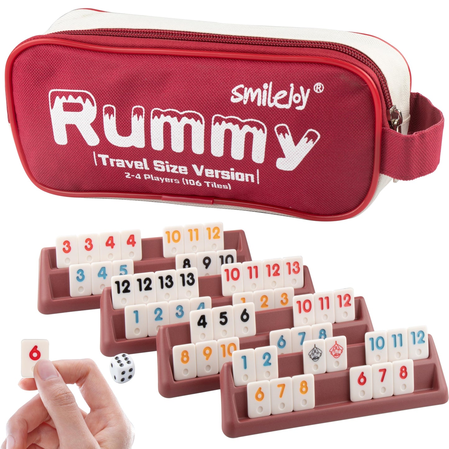 Smilejoy Mini Rummy Cube 4 Players Edition — Travel Rummy Game Set | 106 Tiles, 4 Racks, Dice, Canvas Bag