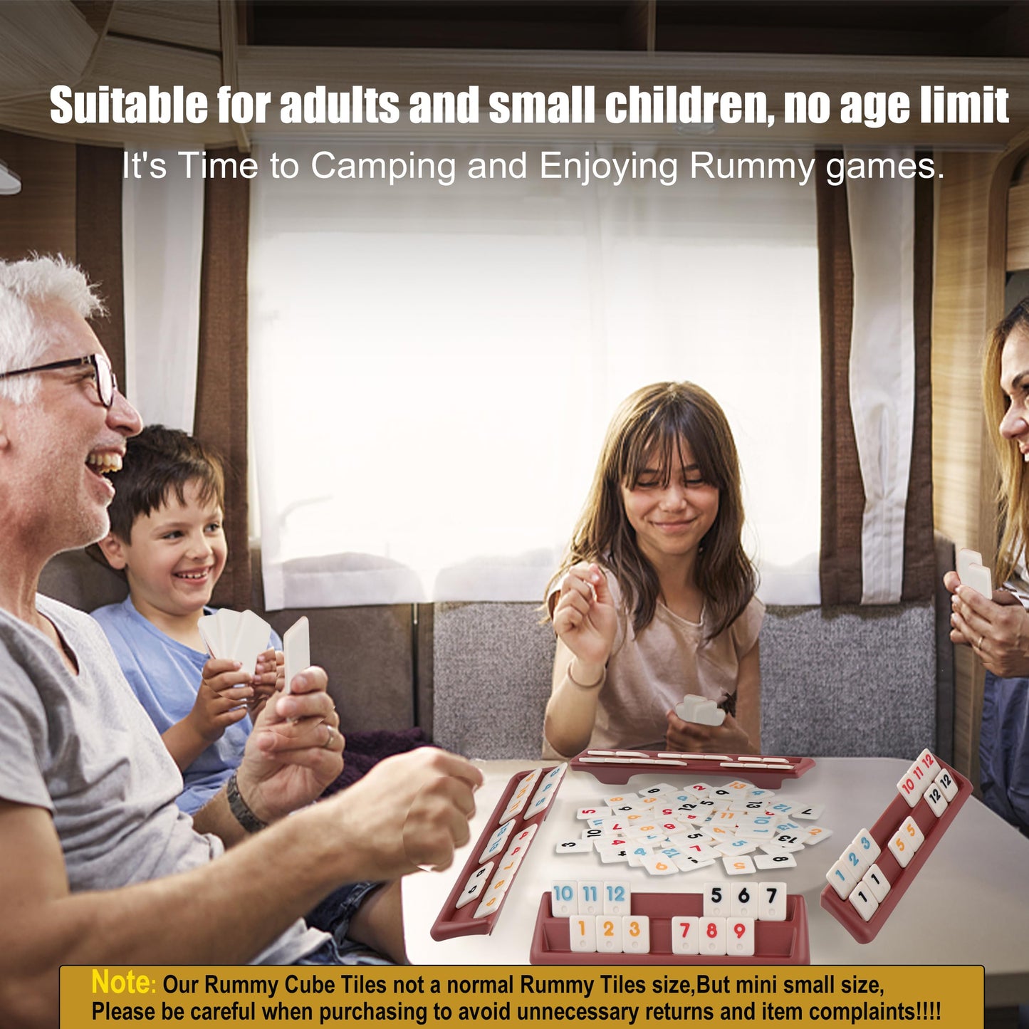 Smilejoy Mini Rummy Cube 4 Players Edition — Travel Rummy Game Set | 106 Tiles, 4 Racks, Dice, Canvas Bag