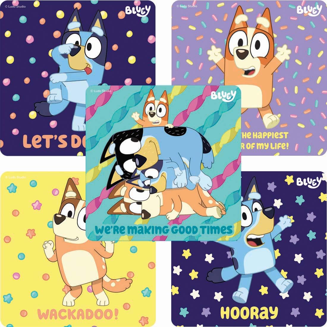 SmileMakers Bluey Stickers for Kids Classroom – 100 Count, 5 Designs, 2.5-Inch Reward Stickers