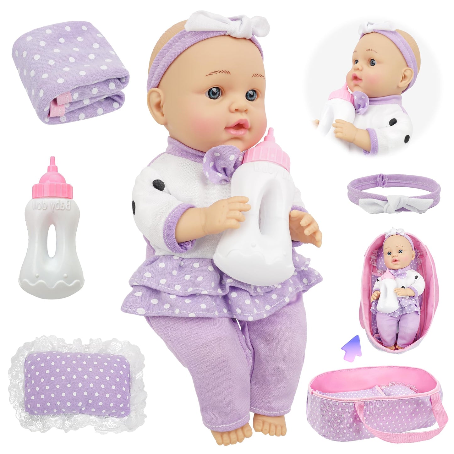 SMILESSKIDDO 12-Inch Baby Doll Playset with Carrier Bassinet, Bottle, Blanket & Pillow — Soft, Washable Accessories