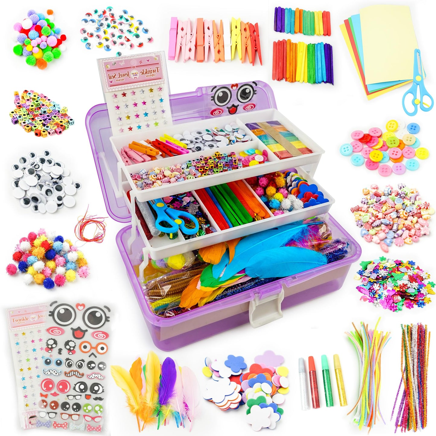 SMILESSKIDDO Kids Arts & Crafts Kit — 1000+ Pieces, Portable 3-Layer Storage Box, Gift for Ages 4-8